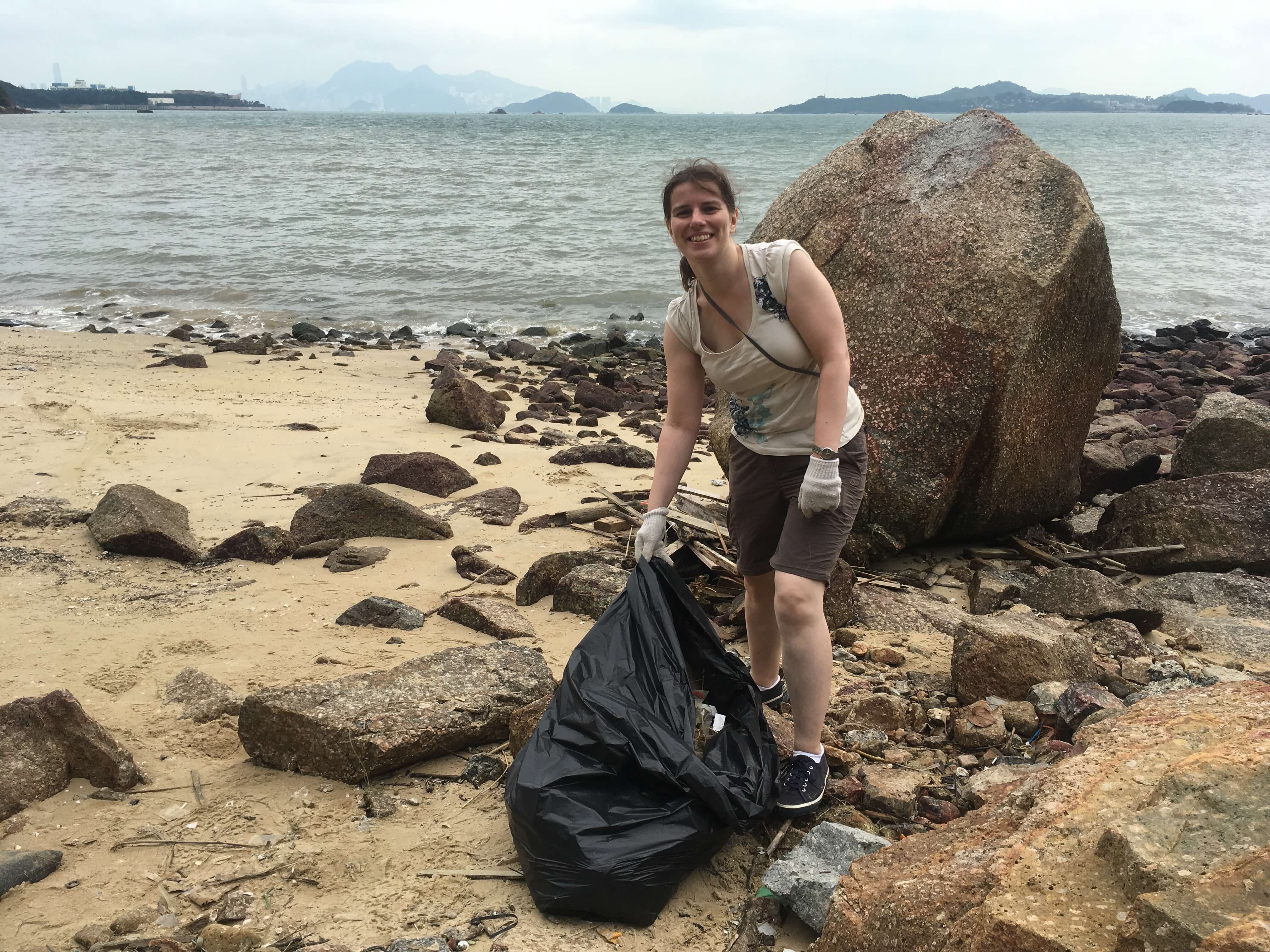Susan cleaning beaches in Hong Kong