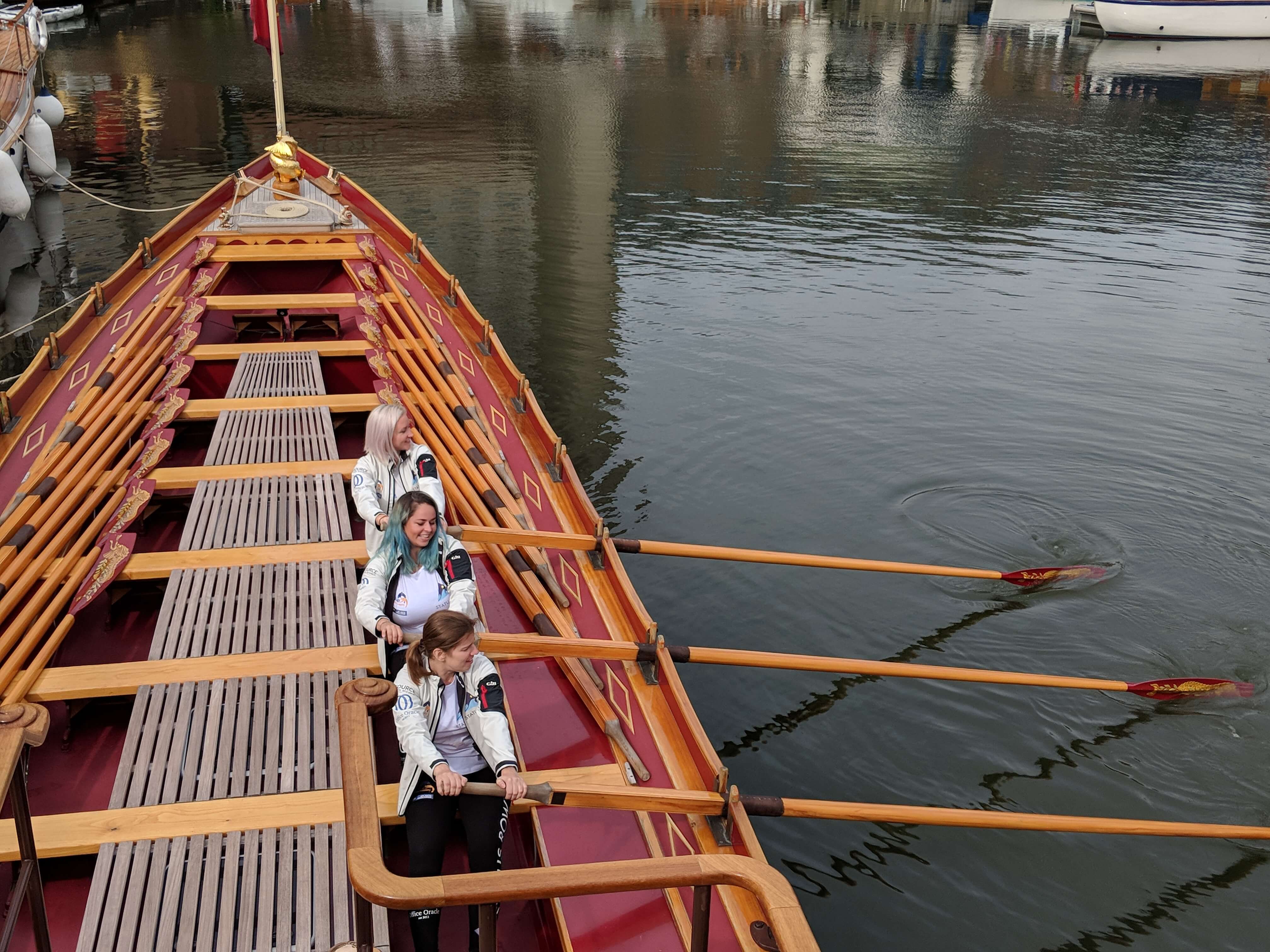 Taking to the oars on Gloriana, the Queen's Rowbarge
